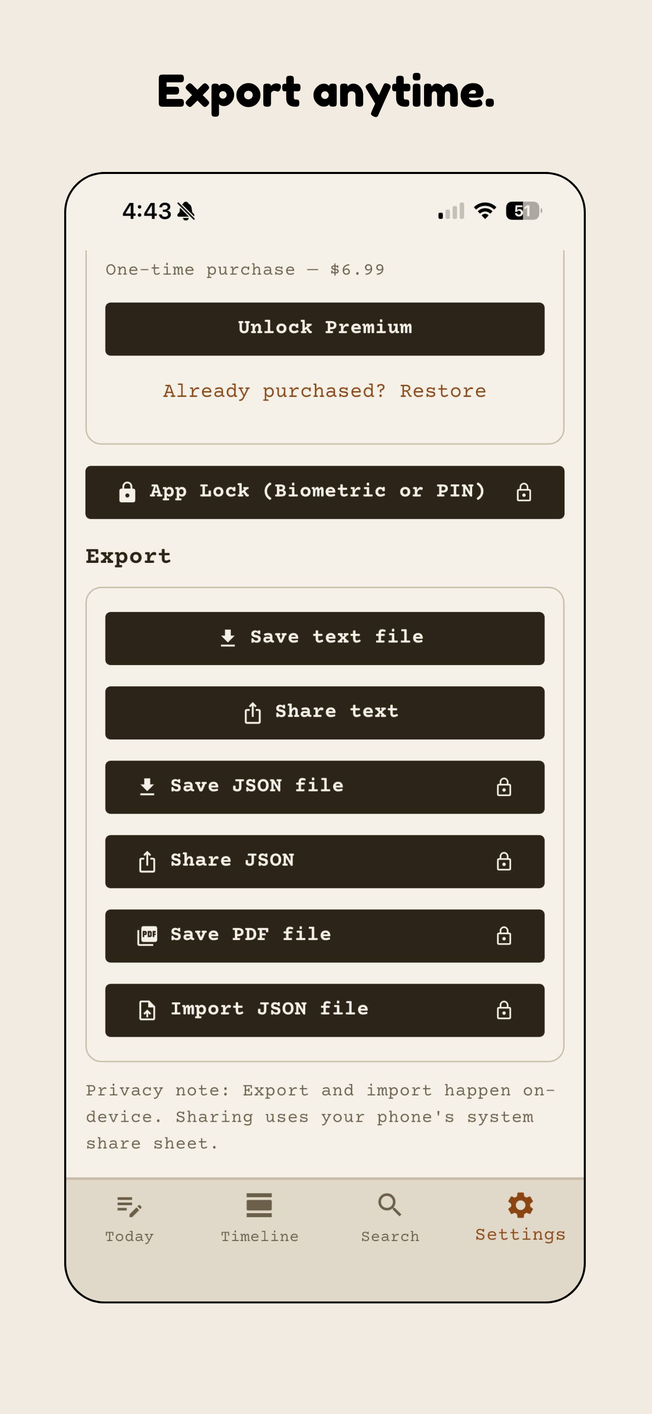 Local Journal screenshot showing privacy and lock-related settings.